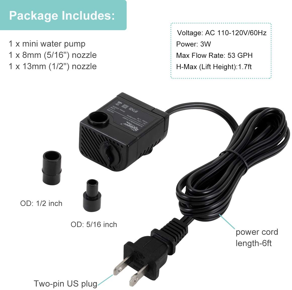 1.7ft 53GPH Silent Submersible Water Pump