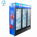 Commercial three-door upright glass beverage display freezer