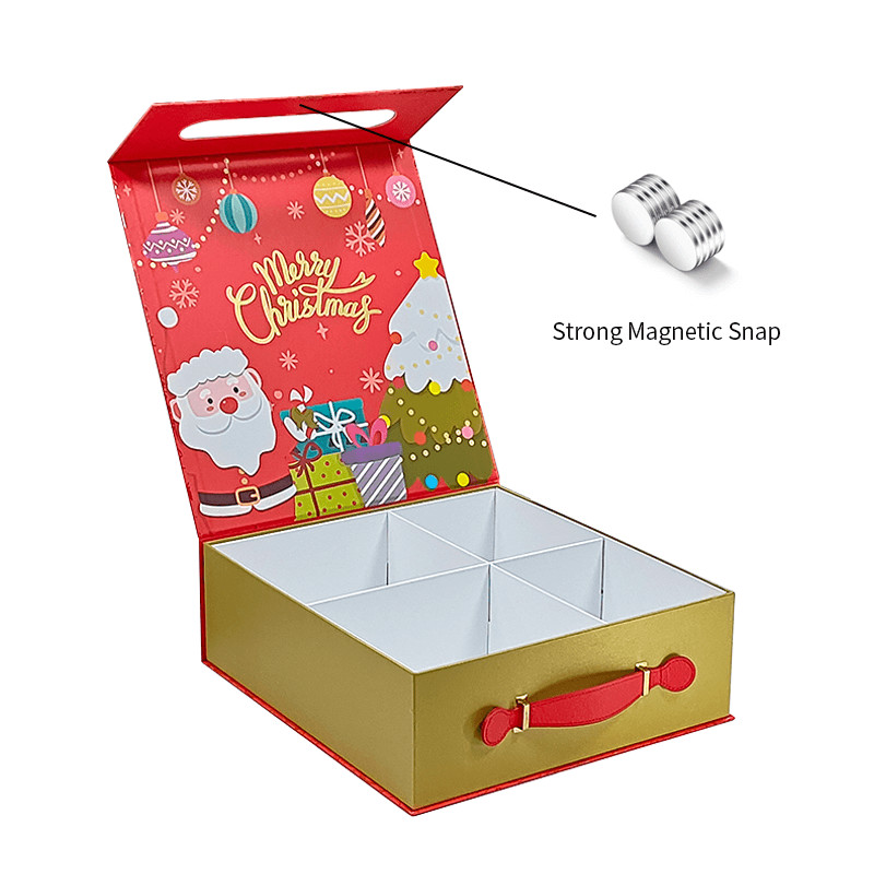 Custom Luxury Red Magnetic Clamshell Christmas Theme Gift Box Bio-Degradable Rigid Magnetic Closure Box Packaging With Handle