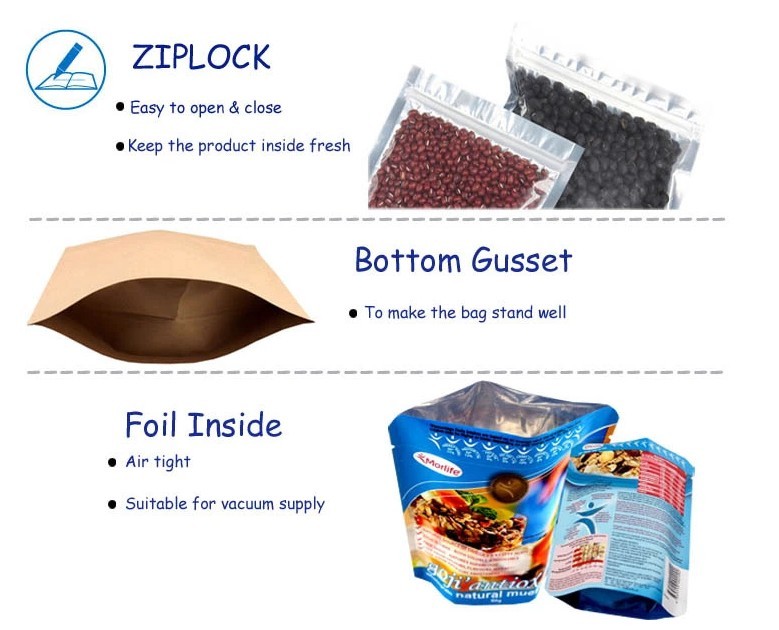High Barrier zipper lock stand up 3 Sides Seal Heat Seal Pouches bottom gusset dry Fruits Plastic food Packing Bag