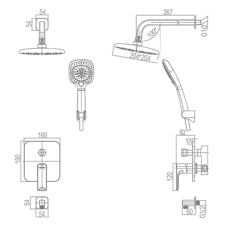 Rain Shower Set Multifunction Square Hand Shower Modern Style Built-in Shower System Bathroom