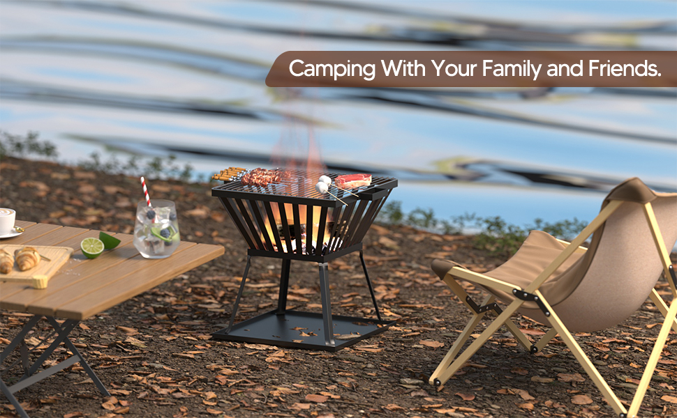 Outdoor Heating Trapezoid Metal Wood Burning Firepit Stove with BBQ and Picnic Finish
