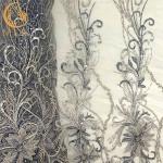 Heavy Handmade Embroidery Grey Beaded Lace Fabric On Polyester Mesh