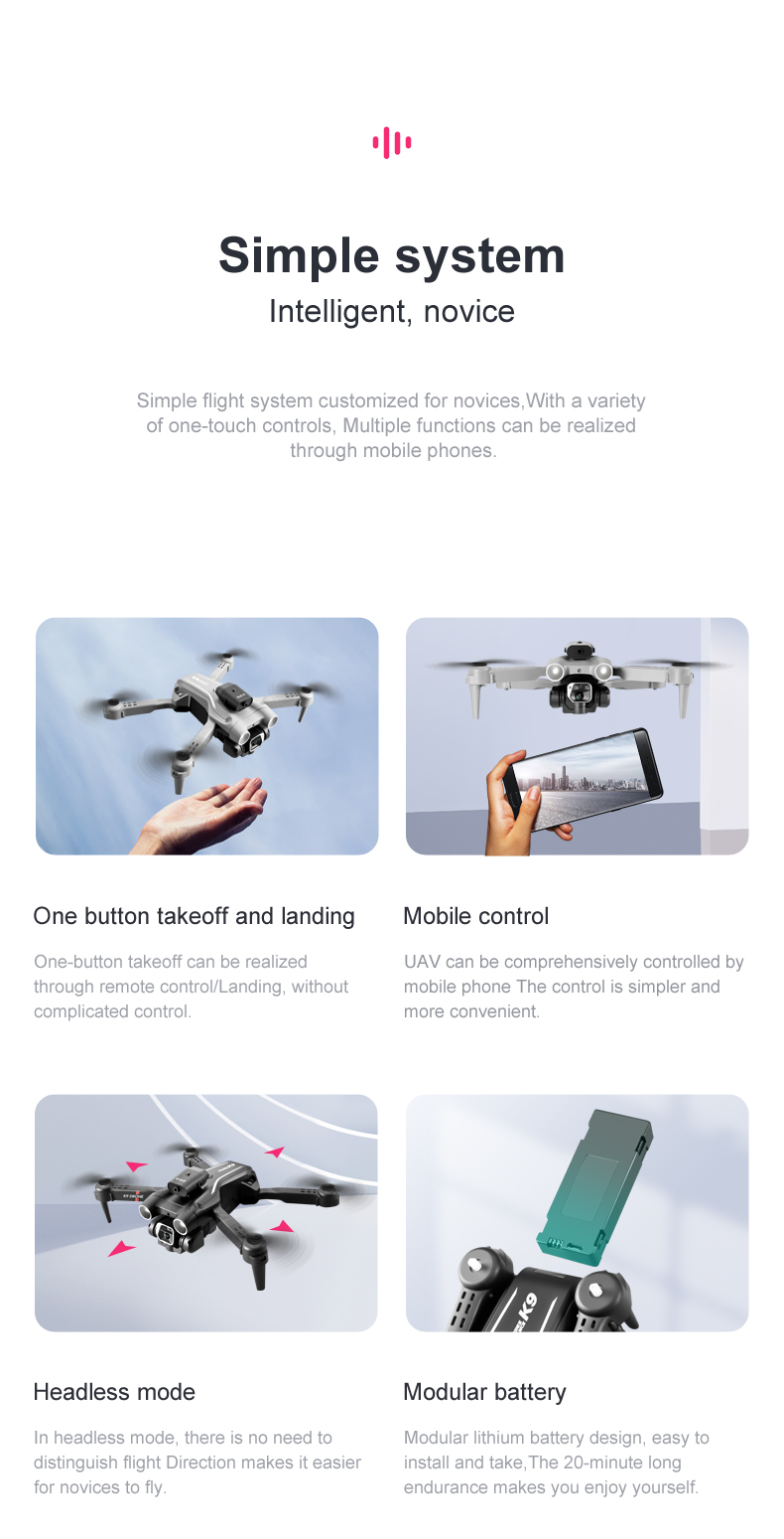 K9 Mini Drone Maximum Flight Time 10-20min Beginner Operator Skill Level 4k HD Dual Camera Four-sided Obstacle Avoidance