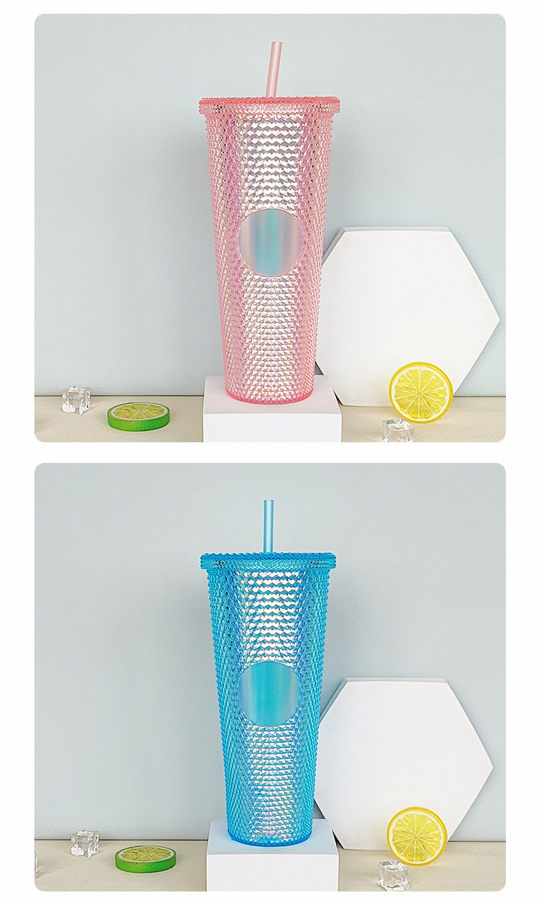 Iridescent Studded Double-Wall Plastic Tumbler With Lid Straw For DIY Customization Iced Coffee Water BPA-Free