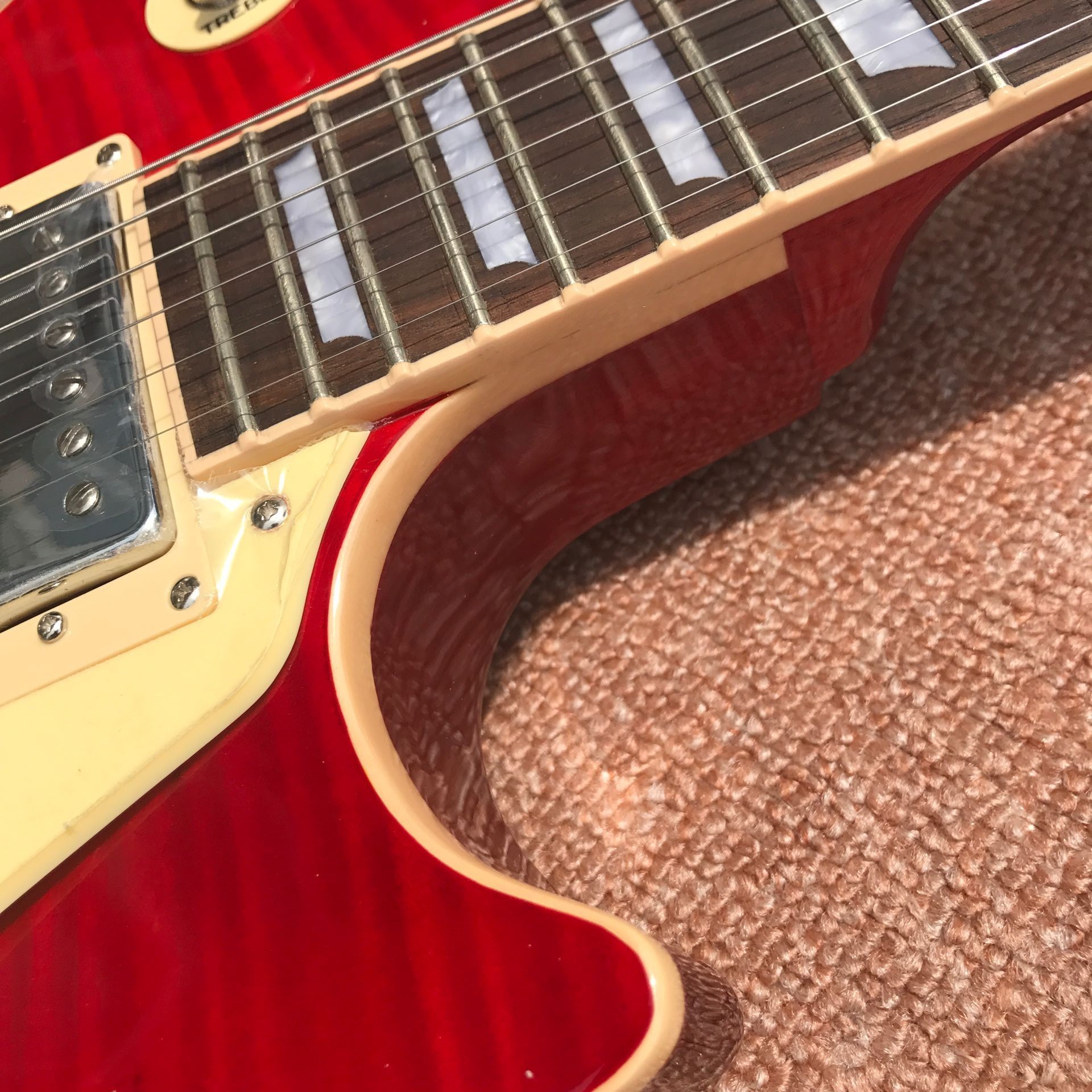 One piece Neck one piece body electric guitar, Upgrade Tune-o-Matic bridge guitar Tiger Flame standard guitar in sunburs
