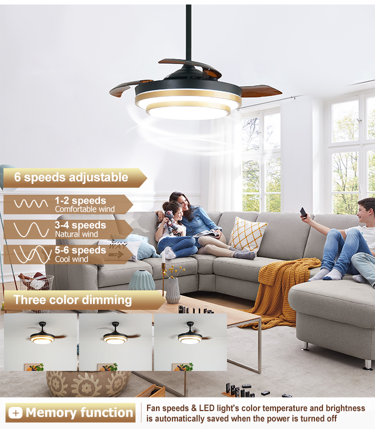 Gold Decorative Retractable Ceiling Fan with DC Motor and Lighting Solutions Service