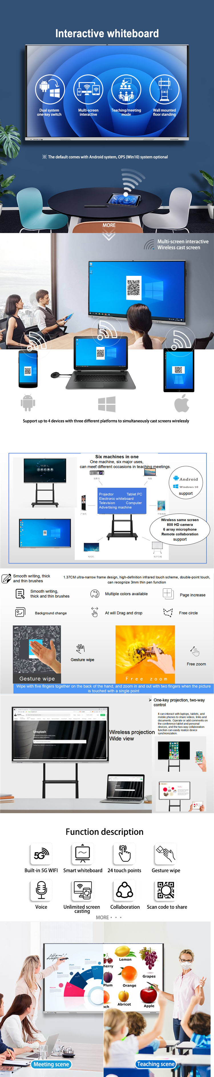 4k 65 Inch Screen LCD Interactive Whiteboard , Electronic Classroom Digital Board
