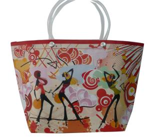Reusable Orange PP Woven Shopping Bags With Transparent PVC Handle, Danceing Girls Pattern
