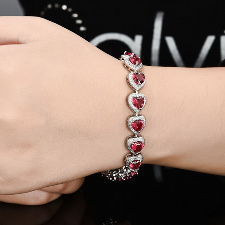 Fashion Platinum Plated Links Chain Heart Shape Red Cubic Zirconia Tennis Bracelet (JDS949RED)