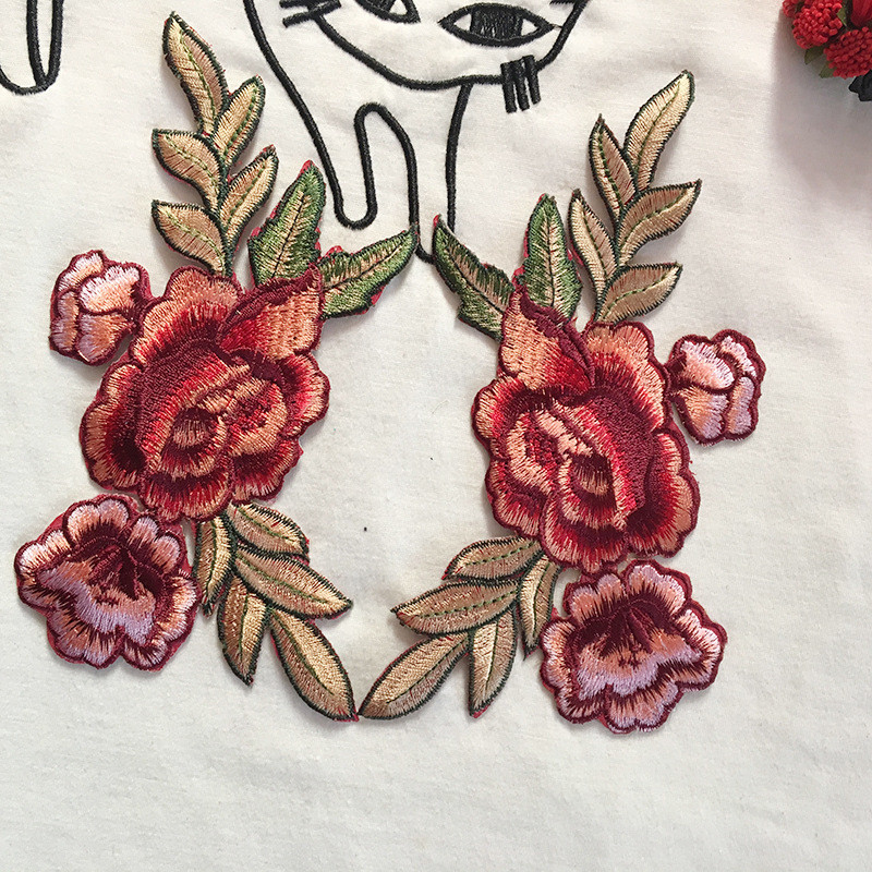 Apparel Accessories Red Rose Embroidery Lace Applique Hot Fix Motif