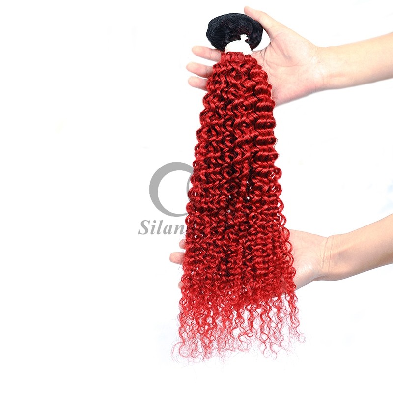 #T1B/Red Kinky Curly Remy Human Hair Bundles Sew In Weave Bundles Brazilian Bundle Deals