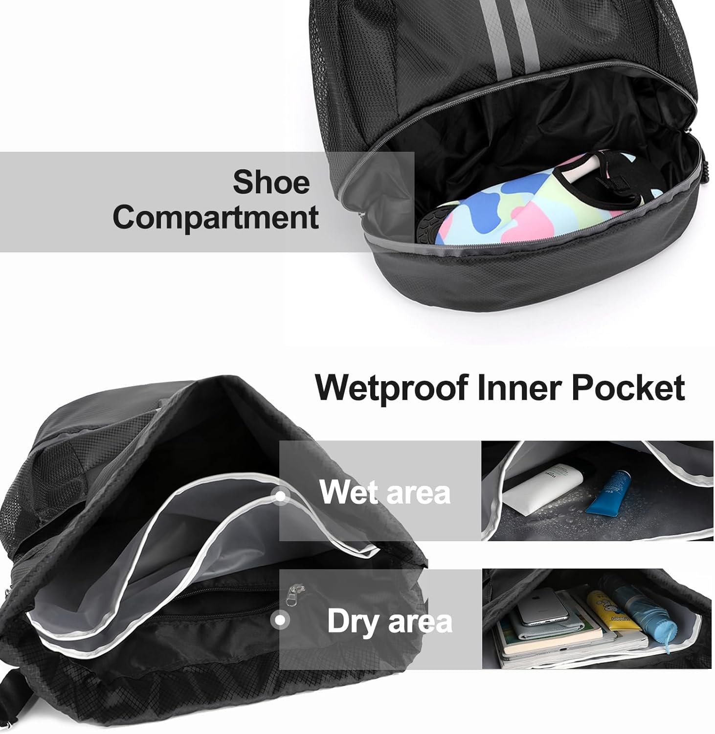 HOEDIA SPORTS DRAWSTRING BACKPACK - STRING SWIM GYM BAG WITH SHOES COMPARTMENT AND WET PROOF POCKET FOR WOMEN&MEN