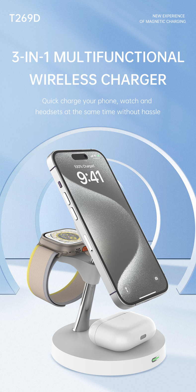 Zinc Alloy ABS Black White Magnetic Wireless Charger 15W Power 4-in-1 Charging Station