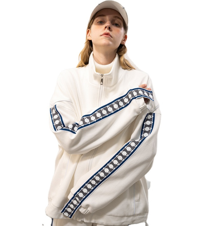 Zip Up Track Hiphop Windproof Soft Stripe Design Casual Stand Up Collar Jacket