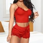 2 Piece Ladies Comfortable Sling Solid Sexy Lace Sleepwear Suit Seductive Pajama