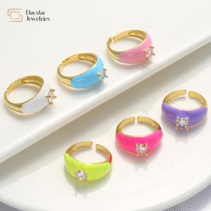 Quality Colorful Summer Diamond Enamel Rings Gold Plated Adjustable Opening Zircon Chunky wholesale