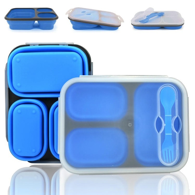 High quality 3 compartment microwaveable collapsible silicone lunch box