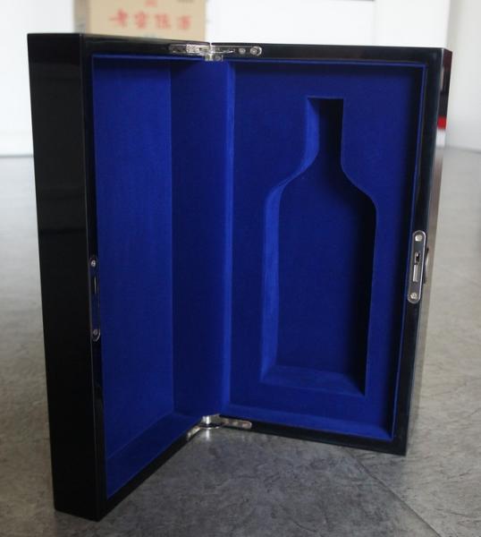 Wooden Wine Box, High Gloss Black Lacquered, Royal Blue Velvet Ineterior.