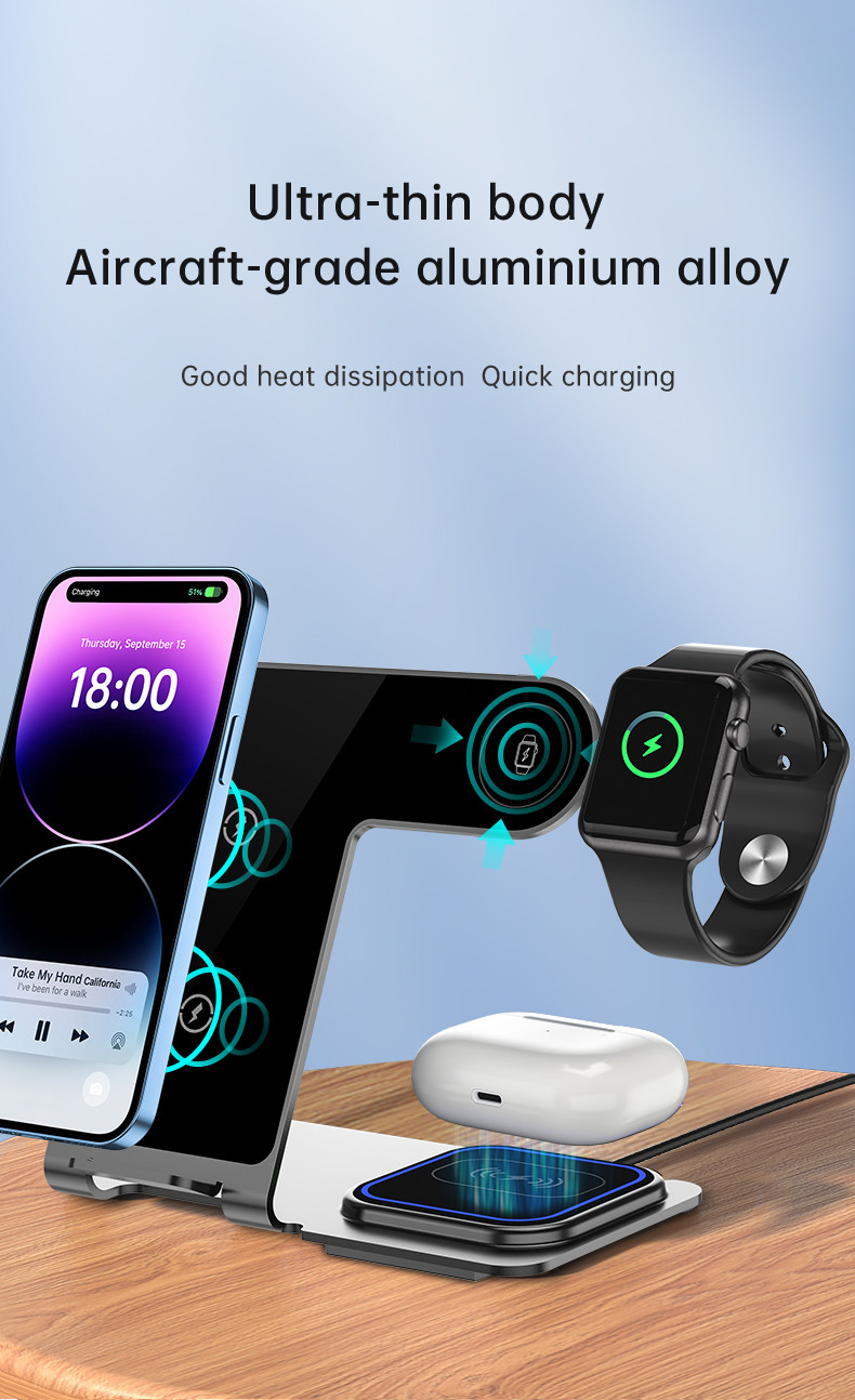 15W Aluminum Alloy Wireless Charging Stand for iPhone Samsung Qi Phones - Silver/Black/Blue/Grey