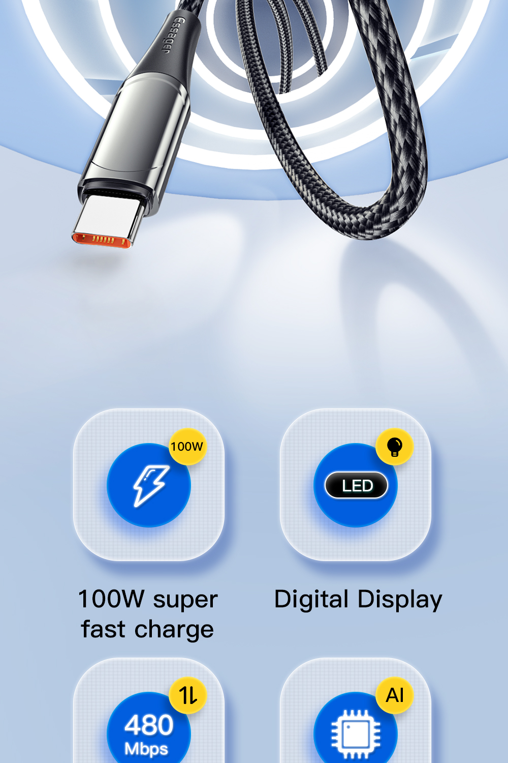 LED Digital Display USB C To C Cable Quick Charge HD 100W OEM/ODM 1M 2M 3M 5A