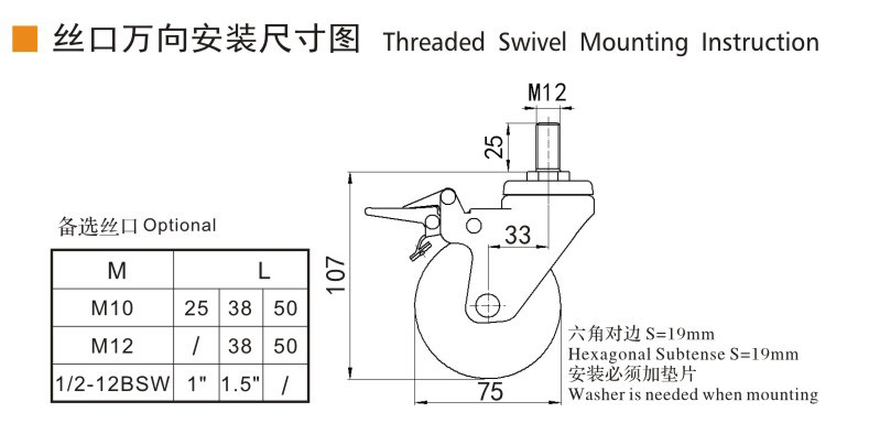 Chrome Coating Light Duty Casters 3 Inch 70kg Threaded TPE Caster