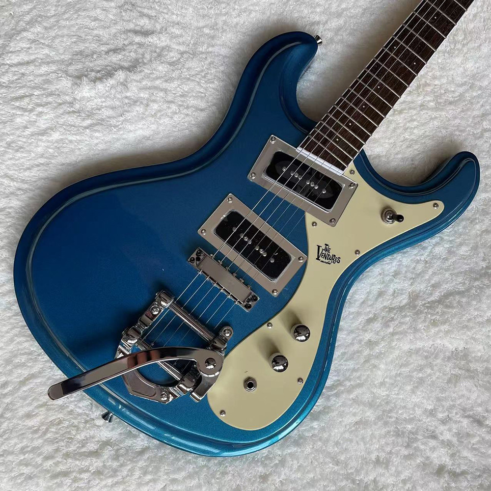 Custom 1966 Ventures Mosrite Zero Fret JRM Johnny Ramone Electric Guitar Tremolo Tailpiece in Blue Color