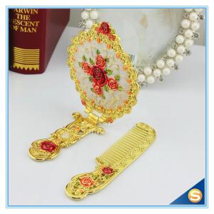 Quality Circular Rose Design Classic Retro Makeup Mirrors One Side Ladies Handle Metal Cosmetic Mirrors wholesale