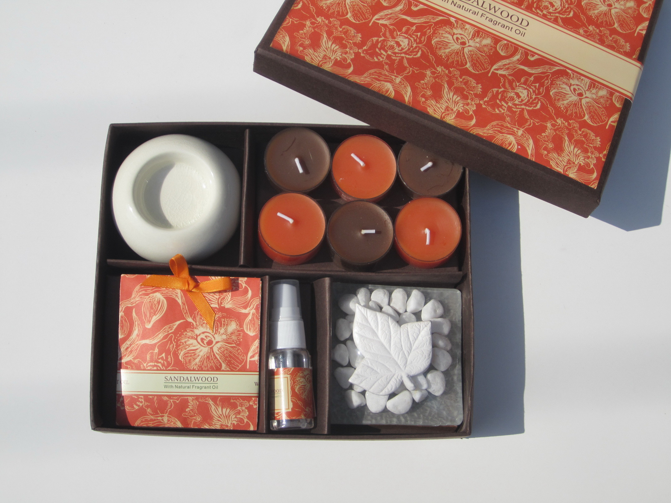 Orange & Brown scented & assorted tealight candle & candle holder packed into gift box