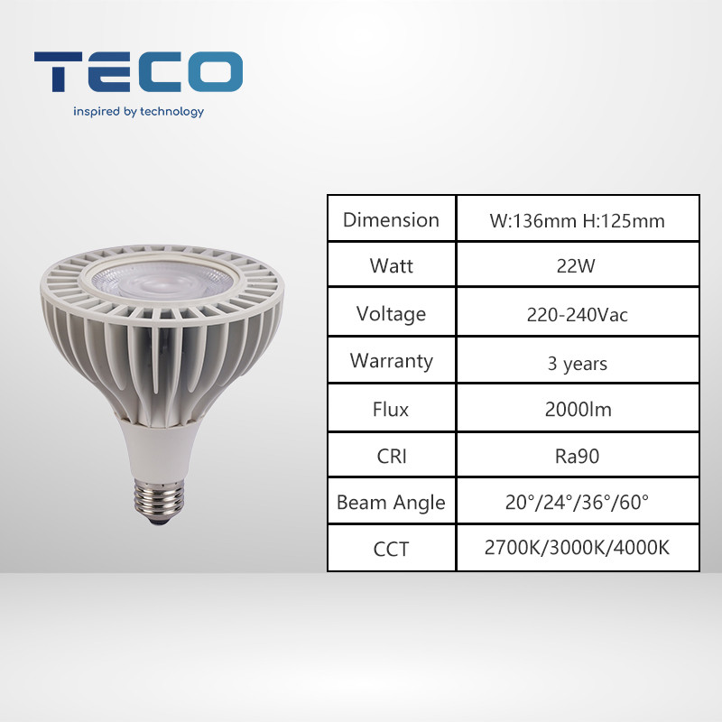 3000k Warm White PAR38 LED Spotlight Bulb 230v Triac Dimmable Ra90 22watt