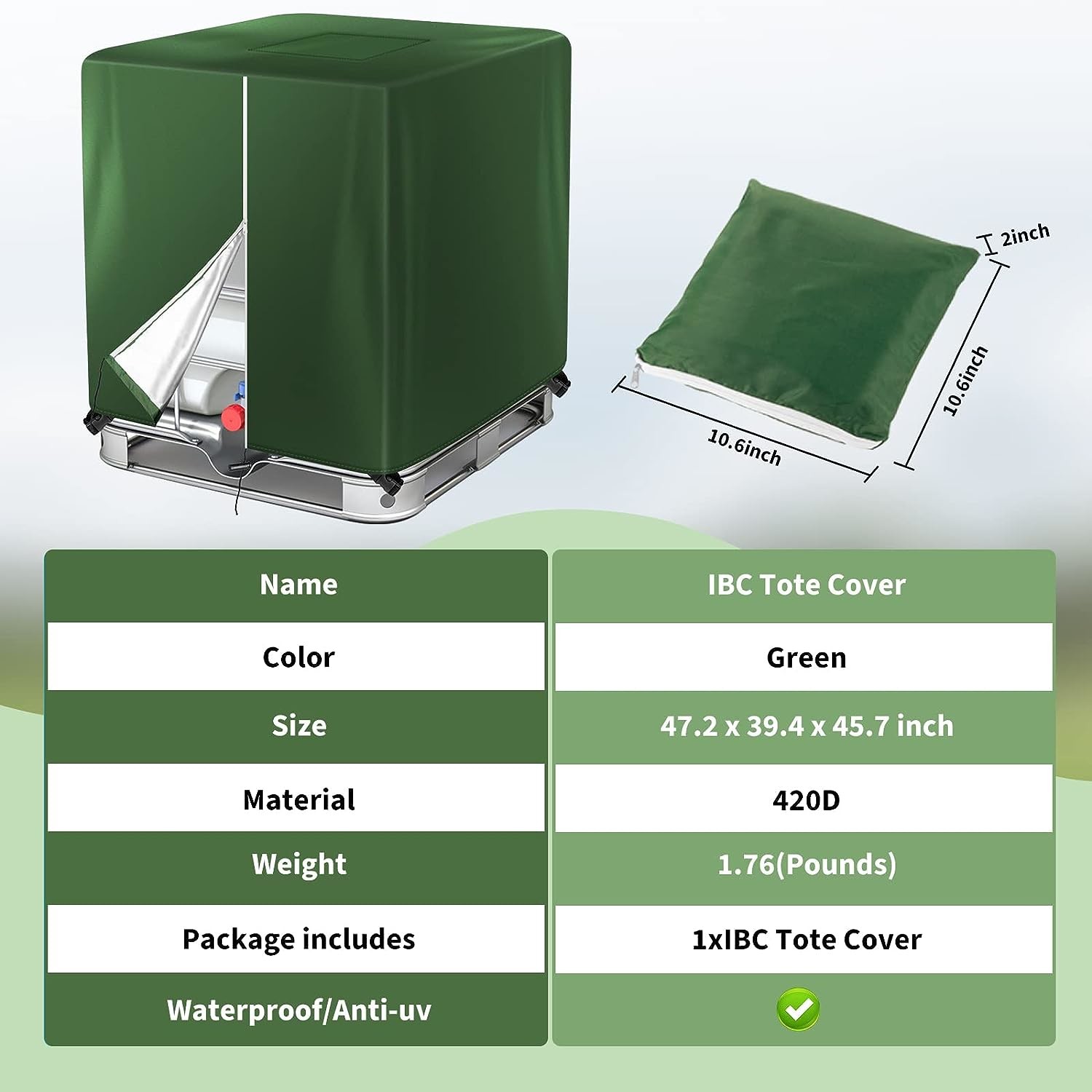 IBC Tote Cover for 1000L Outdoor 275 Gallon Rain Barrel UV Resistant Waterproof Outdoor IBC Covers - Grey GREEN