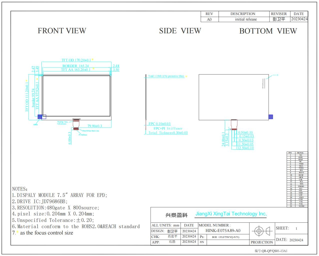 7.5'' 800*480 EPD HINK-E075A89 JD79686BB small MOQ for Electronic Shelf Label System