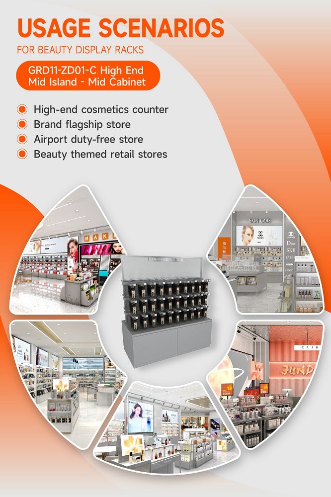GDR11-ZD01-C Retail Store Display with Rods and Hooks and Adjustable Shelves for Beauty Counters