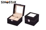 Mens Black Leather Double Watch Box Display Glass Top Jewelry Case Organizer