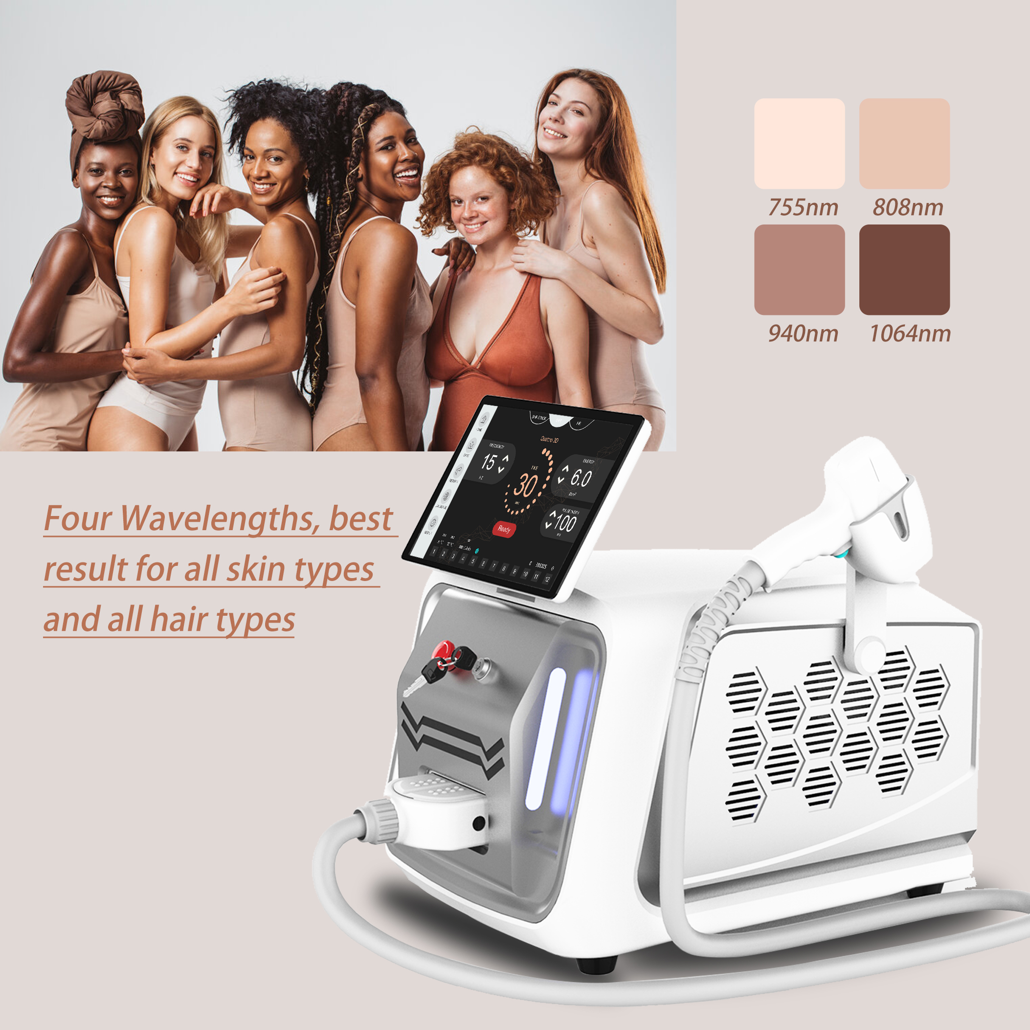 NO Q-Switch 755nm 808 nm Diode Laser Hair Removal Machine with Optional Spot Size
