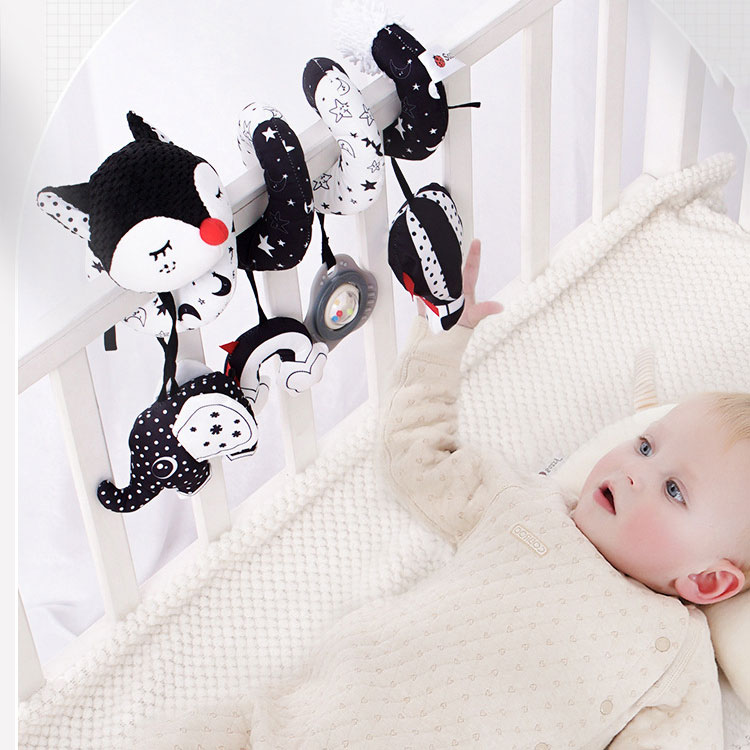 Newborn Musical Black Fox Stroller Toys High Contrast Black and White Toys for Babies