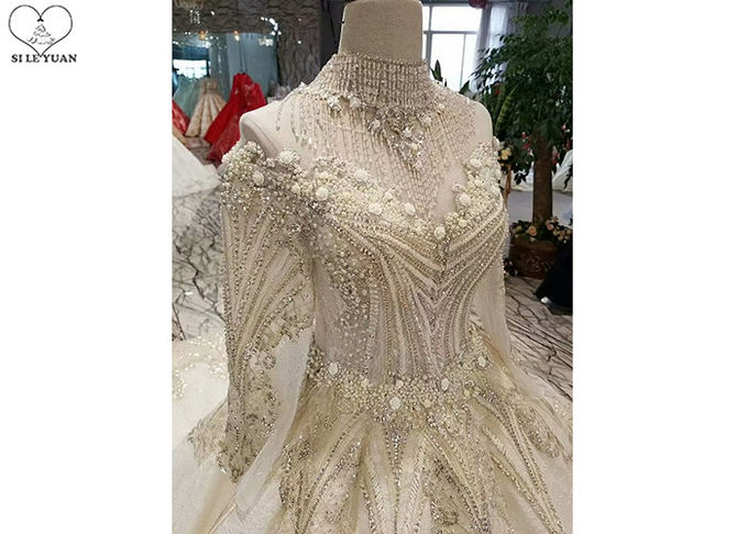 High Neck Ivory Ball Gown Wedding Dress Backless Long Sleeve Gold Beading