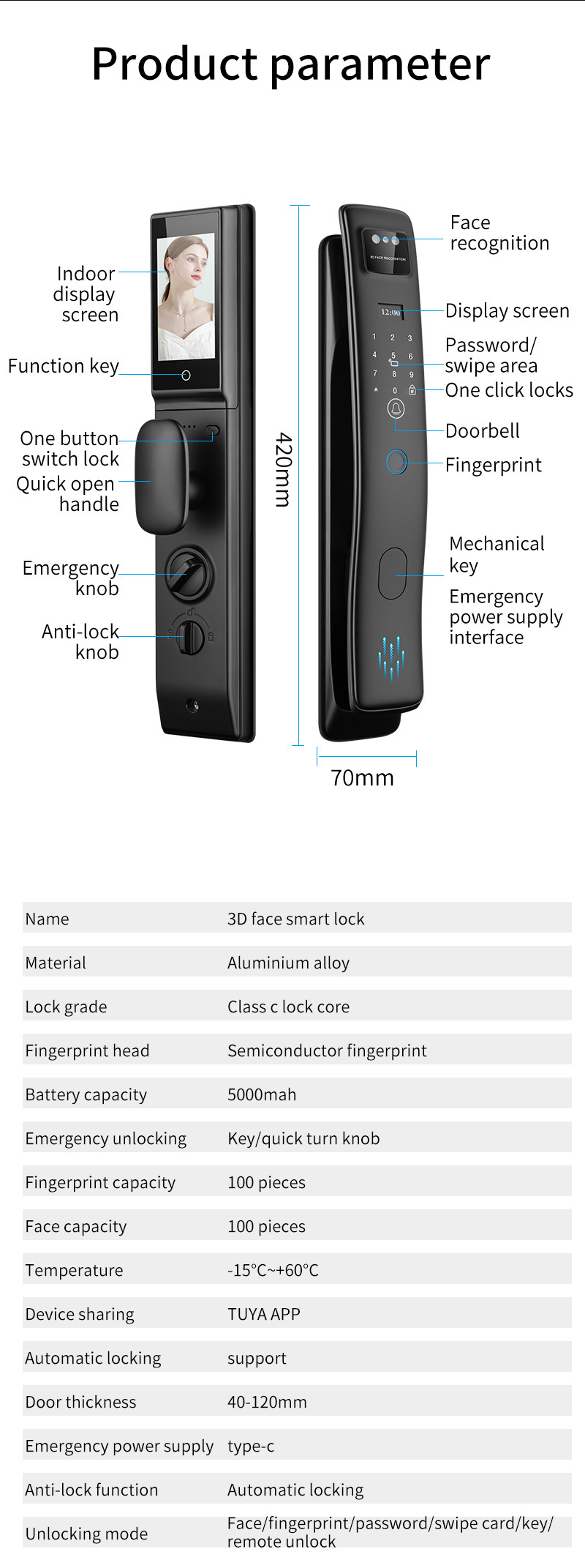 Automatic 3D Face Recognition Camera Tuya Smart Locks With Video Calling S958max Digital Door lock