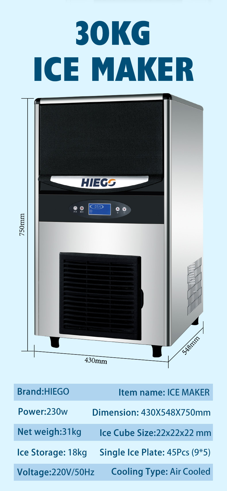 30KG/24H Full-Automatic Cube Ice Maker Machine Factory Price Ice Cube Maker