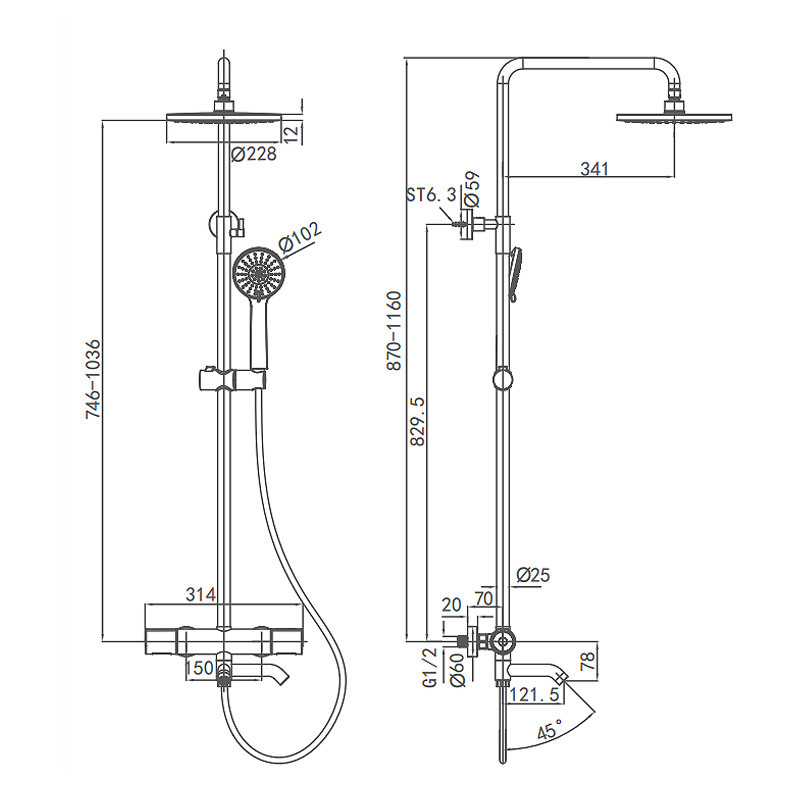 AG3305SH Hand Shower Mixer Set , D341mm Wall Mounted Shower System