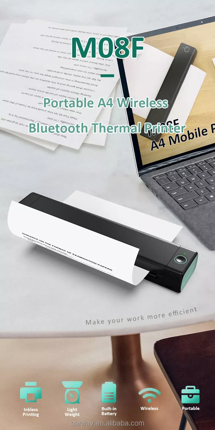 M08F Portable A4 Size Mini Wireless Thermal Printer Mobile Printer With Blue-Tooth