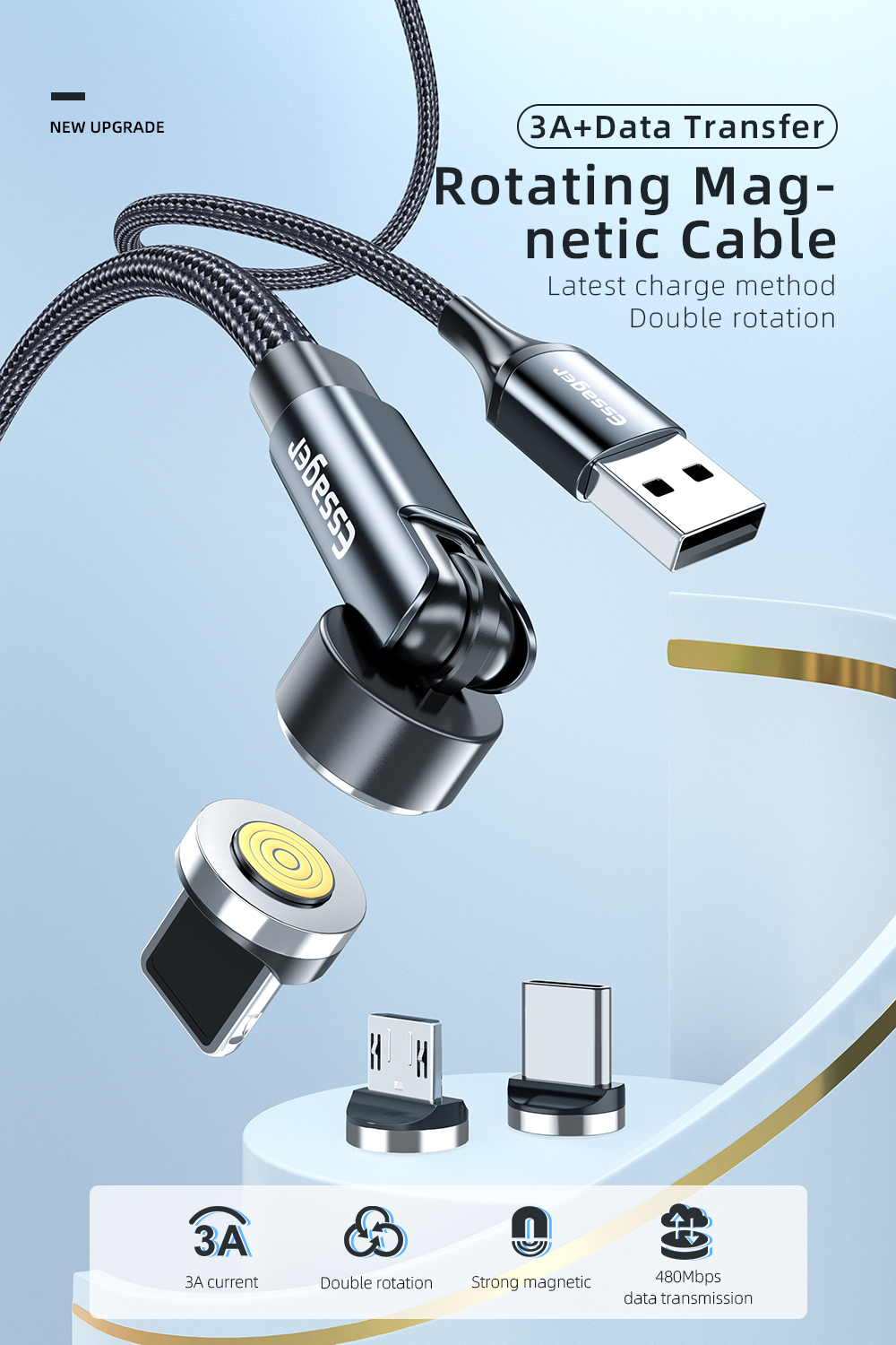 540 Rotation L 3 In 1 Magnetic USB Charging Cable 8 Pin Fast Charging For Data Transfer
