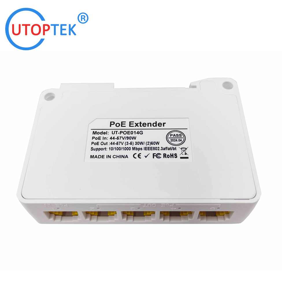 DIN Rail POE Repeater Extender 1In 4Out Hi Power 90W to 4port 30W DC48V IEEE802.3AF/AT/BT for extend distance CCTV IP Network