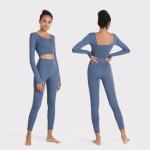 High Waist Yoga Workout Clothes Breathable Yoga Leggings Top Set With Thumb Hole