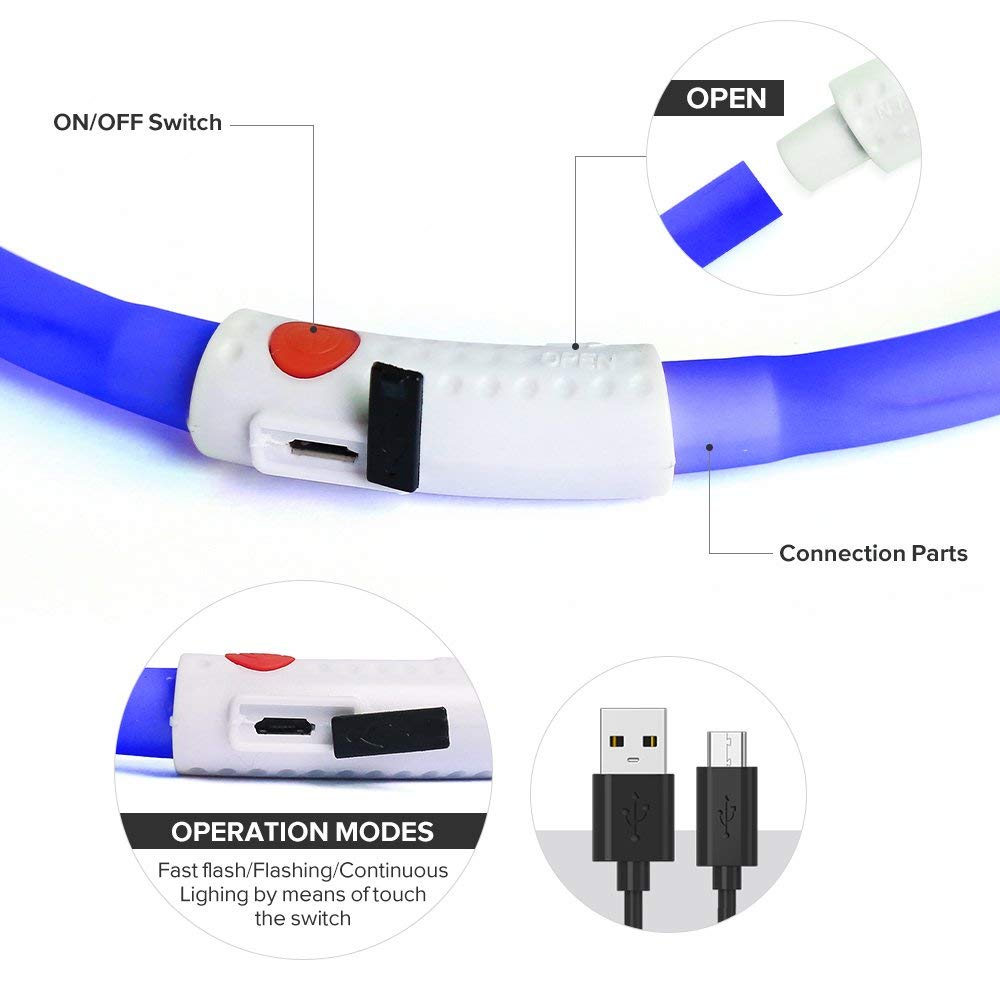 TPU Cuttable LED Dog Collar USB Rechargeable , LED Reflective Dog Collar 6 Colors Available