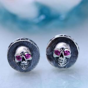 Quality Vintage Black 925 Silver Skull Stud Earrings with Red Cubic Zircon (XH054872W) wholesale