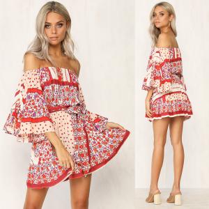 Quality Summer Dresses Women Boho Printed Off Shoulder Mini Dress wholesale