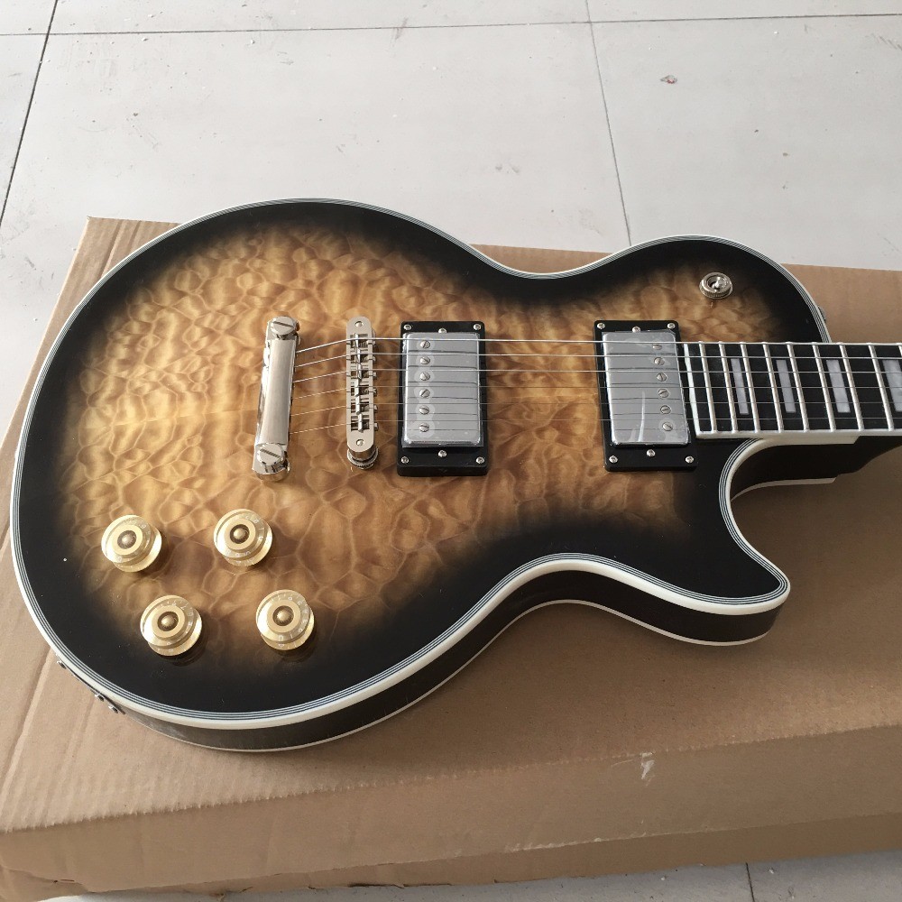 NEW Arrival Custom Electric Guitar with TonePros, Ebony fretboard-fret nib binding, Quilted Maple Top & Back, in Brown
