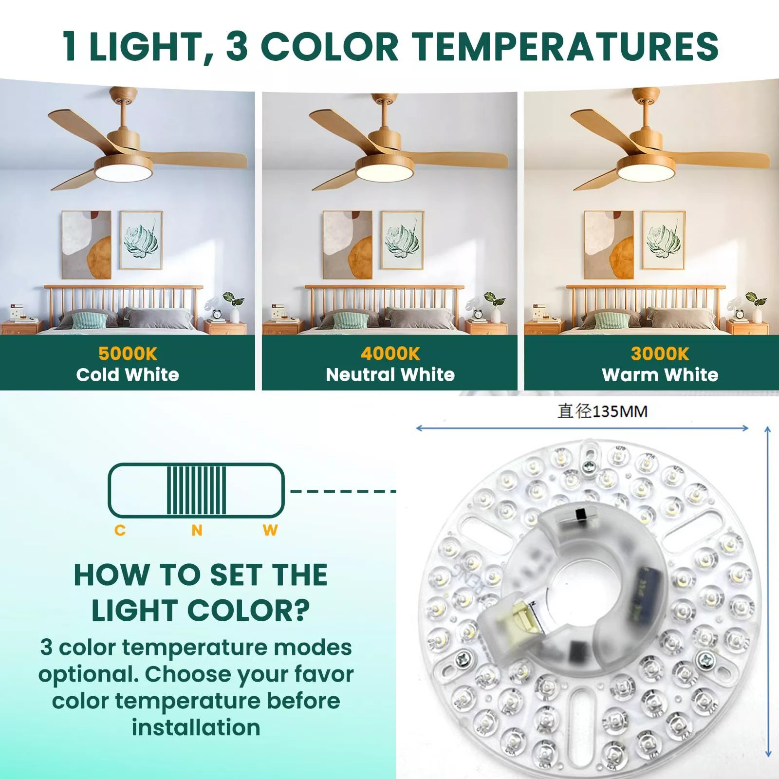 5CCT 18W/24W DIP Switch Ceiling Light Fan With Witch Power Replaces LED Module 120V Ceiling Fan Panel Retrofit Kit With DOB Modules