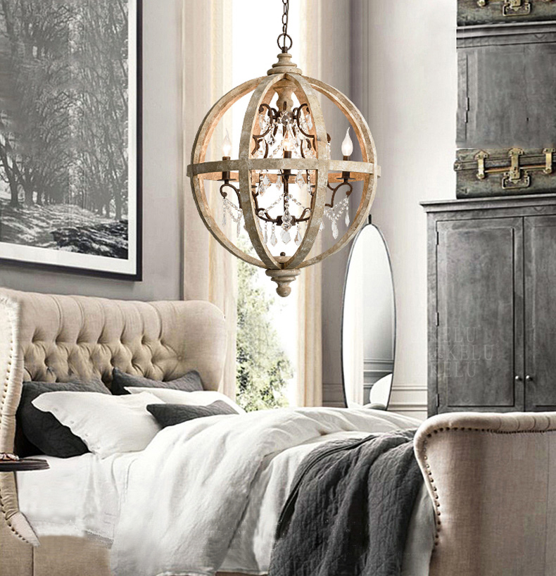 Retro Chandelier Lighting Industrial Hanging Pendant Lamp Globe Wooden Chandelier(WH-CI-108)